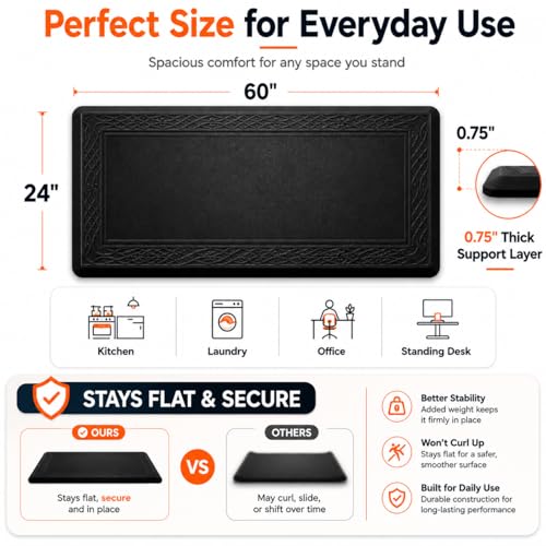 Anti-Fatigue Kitchen Mat 24x60 Inches - Waterproof Non-Slip Standing Desk Runner - Bordeaux Black, Extra Support
