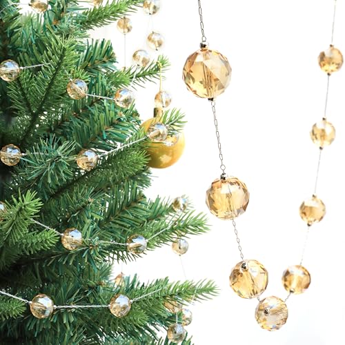 LEFERS 9.8Ft Crystal Glass Balls Christmas Garland,48 Beads 16mm Faceted Prism Beads Strands Hanging Ornament Decoration for Christmas Tree Centerpieces Wedding Party (Gold)