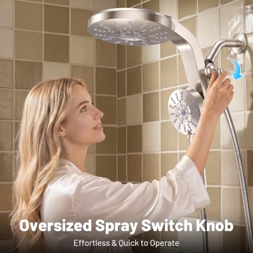 Rain Shower Head with Handheld Spray Combo - Magnetic Dock, 60° Lift-Up Rainfall, Brushed Nickel
