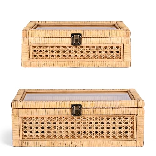 Natural Rattan Decorative Storage Box with Glass Lid Set of 2 - 12.2" x 7" x 5.1"