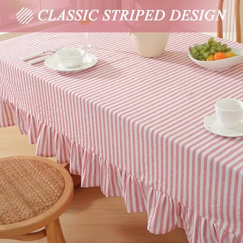 Meioro Red Striped Ruffled Tablecloth 86x55 Inch Cotton Blend Holiday Dining