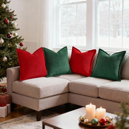 Mecatny 18x18 Corduroy Throw Pillow Covers, Set of 2, Christmas Green with Flange