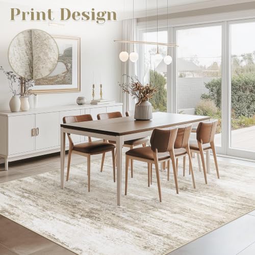 Beige 5x7 Machine Washable Area Rug - Soft Modern Abstract Non Slip Carpet for Living Room Bedroom Kitchen Nursery Office