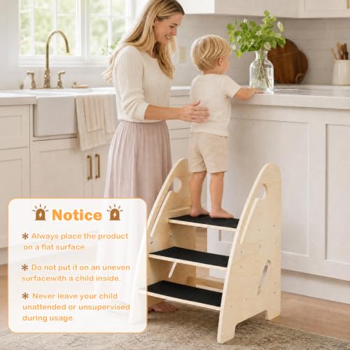 Labebe Wooden 3-Step Toddler Stool for Bathroom & Kitchen Safety