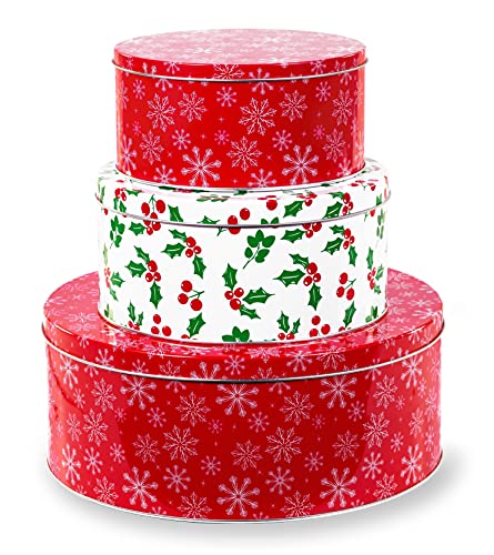 Steel Mill & Co. Snowflake & Holly Cookie Tin Set of 3 – Round Bakeware Gift Tins