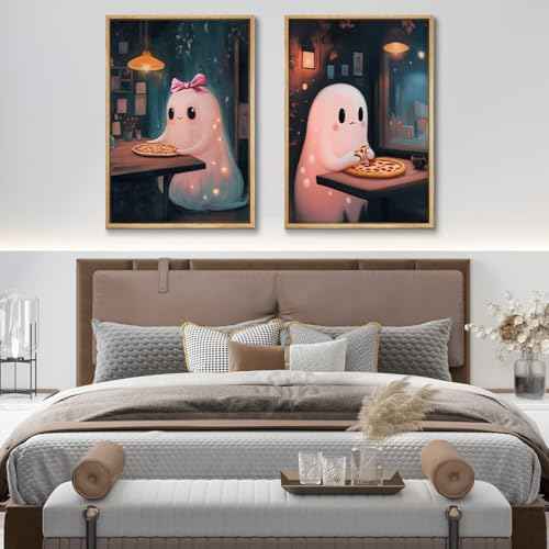 2Pcs Halloween Canvas Wall Art Pink Academic Romantic Ghost Posters Prints Cute Ghost Restaurant Eating Pizza Pictures Wall Decor for Living room Restaurant Kitchen Decoration Unframed