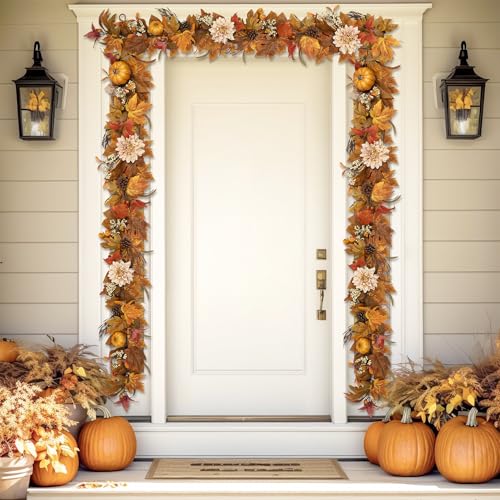 6Ft Autumn Leaf Garland with Pumpkins Berries Pinecones Fall Decor for Home & Porch