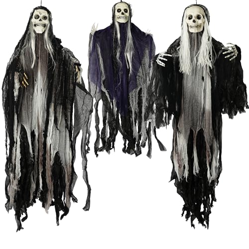 Halloween Hanging Skeleton Ghosts Decorations Set - Spooky Outdoor Reapers (3 Pack)