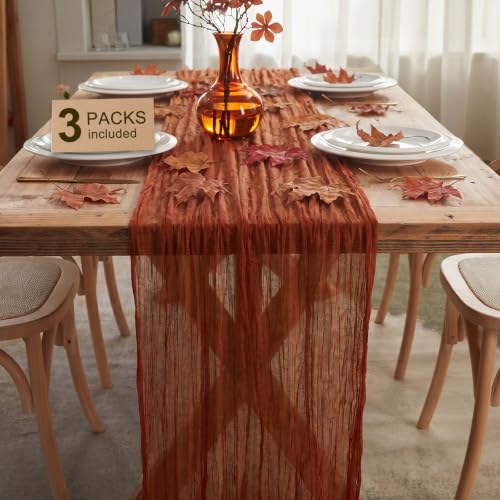 IVAPUPU Fall Terracotta Cheesecloth Table Runner 17x108 Inches Set of 3 for Thanksgiving