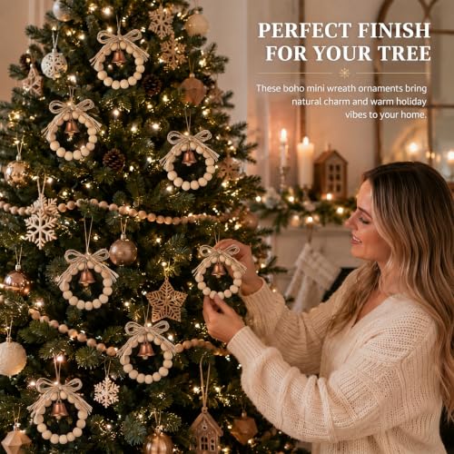 Hollowfly 6-Pack Boho Wood Bead Christmas Wreath Ornaments with Bell