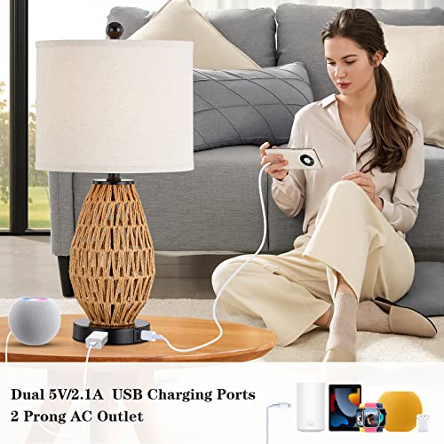 CINSARY Rattan Touch Control Bedside Table Lamps Set of 2 with USB & AC Outlet, Dimmable Nightstand Lamps for Bedroom & Living Room — Natural Wicker Finish
