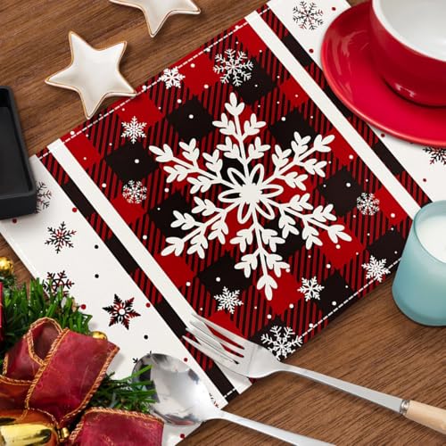 ARPOVIST Snowflakes Buffalo Plaid Christmas Placemats Set of 4 - 12x18 in (Variation: Snowflakes1)