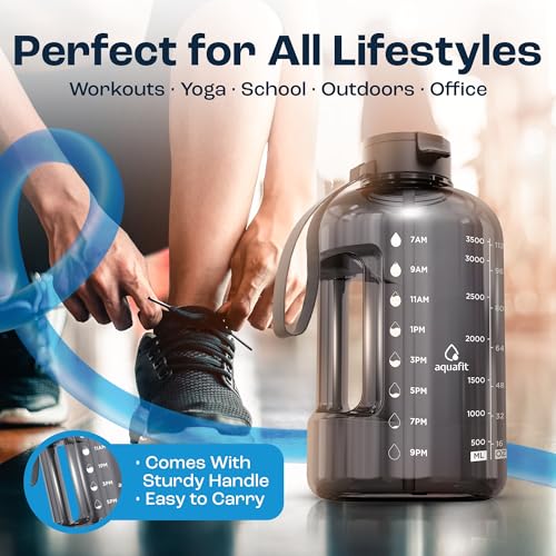 AQUAFIT 1 Gallon Water Bottle with Time Markers, Gray, 128oz, 2 Leak-Proof Lids
