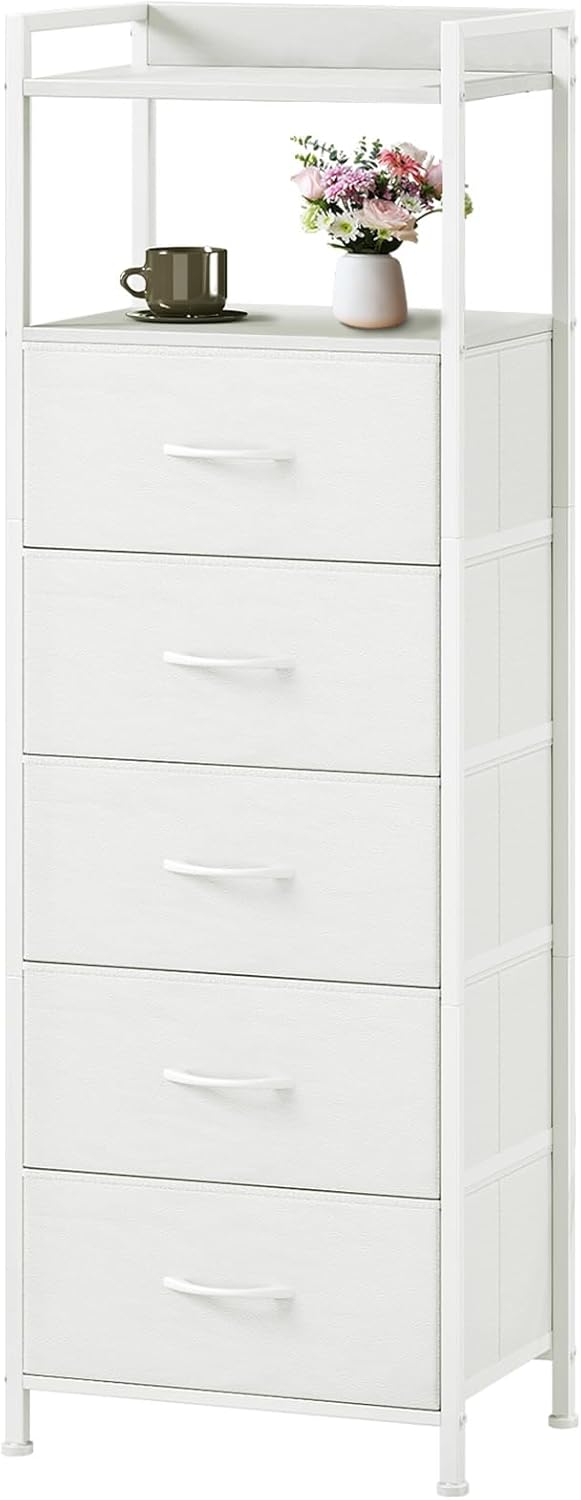Somdot Tall Dresser - 5-Drawer Vertical Storage Tower Unit for Bedroom | White Leather Finish