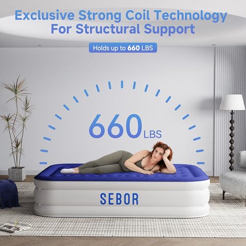 Blue Full Size Air Mattress with Built-In Pump - Comfortable Self-Inflating, Durable Blow Up Bed for Guests, Camping, Travel