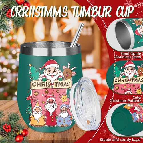 GUDEMAO 12 oz Christmas Insulated Stainless Steel Wine Tumbler with Lid – Green, 1 Pack