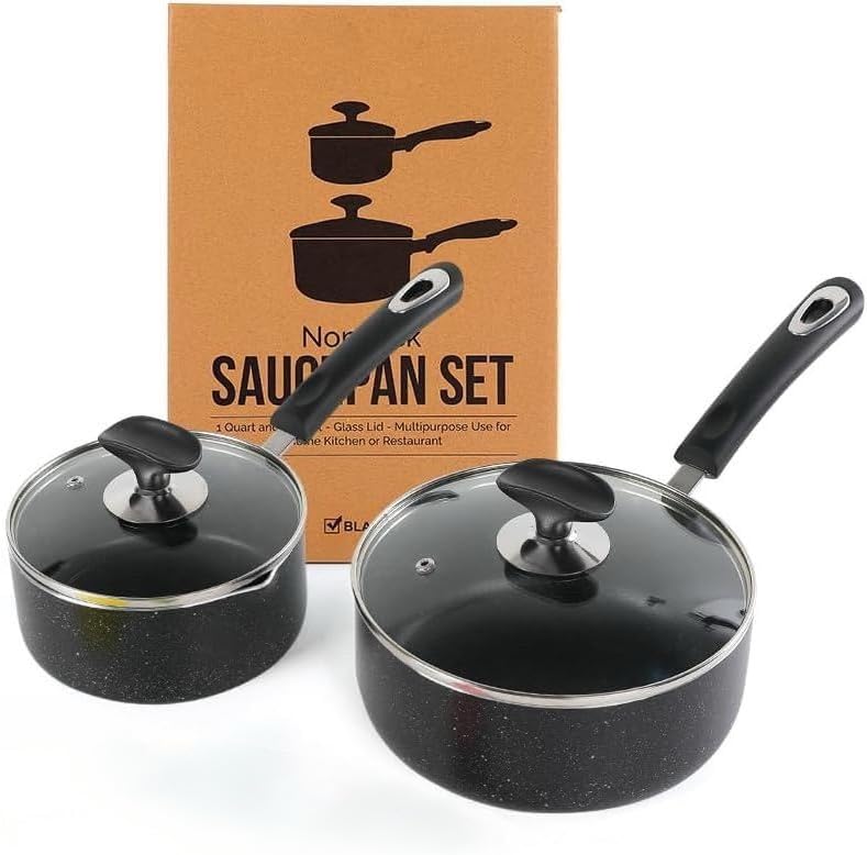 Skiennix Nonstick Saucepan Set - 1 Quart & 2 Quart with Glass Lid | Ideal for Home & Restaurant Use, Black