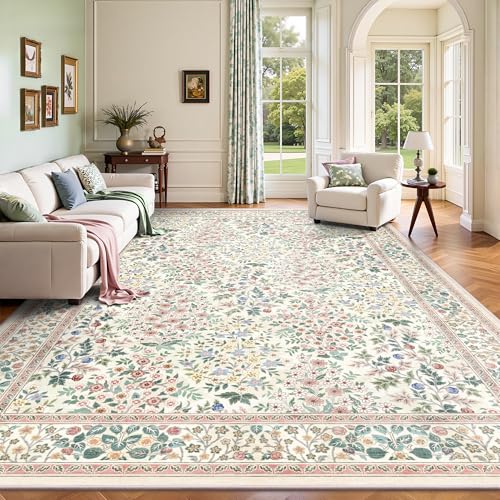 A-Pink Floral Area Rug 8x10 ft - Machine Washable Low Pile Boho Rug with Non-Slip Backing for Living Room & Bedroom