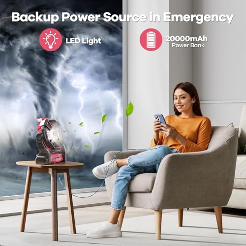 Pink Portable Battery-Powered Camping Fan with LED Light & 20,000mAh Power Bank