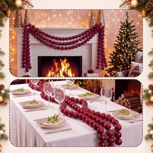 Jenaai 3-Pack Burgundy Christmas Ball Garland with Cherry Red Variation, 6ft Shatterproof Ornaments