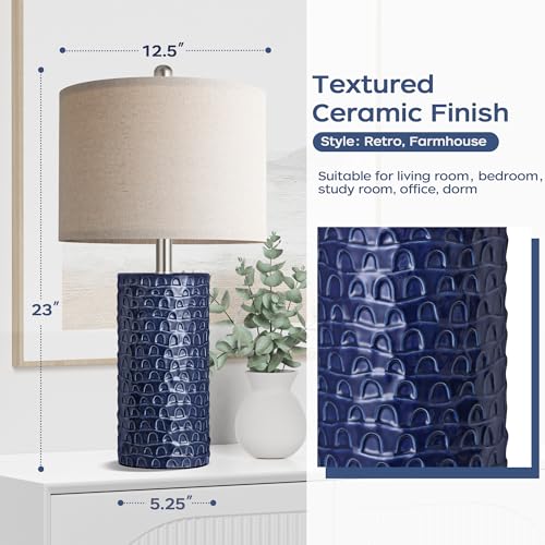 PARTPHONER 23-Inch Modern Ceramic Table Lamps Set of 2 Navy Blue - Farmhouse Bedside & Living Room Decor
