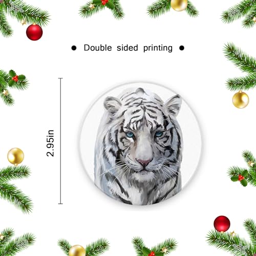 Ceramic Christmas Ornaments White Tiger Double-Sided Xmas Hanging Decor