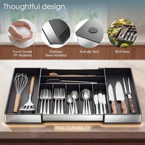 Black Expandable Silverware Drawer Organizer with 9 Slots - CCWOFF