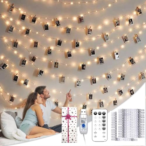 Photo Clips String Lights for Decor: USB Powered 40Ft 120LED 50 Clear Clips - Waterproof/8 Modes/Remote/Timer Fairy Light for Girls Bedroom Dorm Picture Hanging - Christmas Party Wedding Decorations