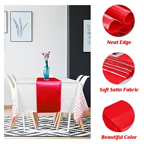White and Red 16-Pack Disposable Plastic Tablecloths & Satin Table Runner Set for Weddings & Parties