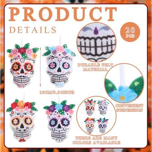 20 Pcs Day of The Dead Skull Hanging Ornaments Felt Dia De Los Muertos Sugar Halloween Tree Decoration Mexican Dia De Los Muertos Skeleton Pendent Decoration for Small Tree Christmas Xmas