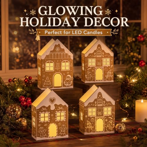 Kolldenn 24 Pcs Christmas Luminary Bags Gingerbread House Designs (4 Styles) White Kraft