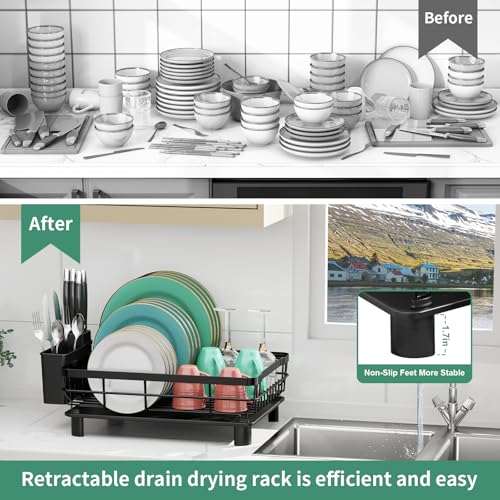 Kitchen Dish Drying Rack with Drainboard - Black, 13 x 17 Inches