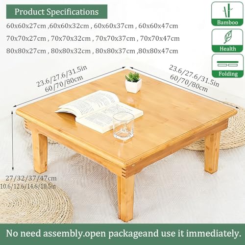 Foldable Bamboo Coffee Table - 60x60x27 cm Low Square Floor Table