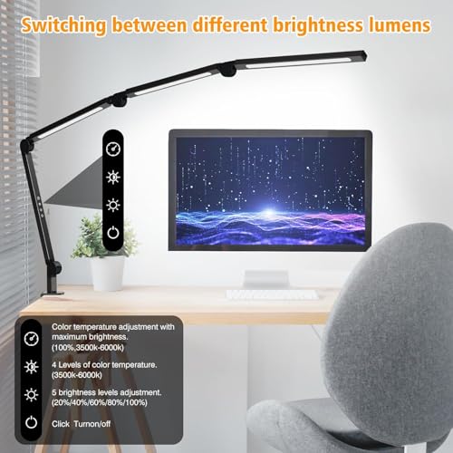 LED Desk Lamp with Clamp - Black, Dimmable, Eye-Caring Architect Light
