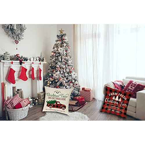 Ueerdand Christmas Decorations Pillow Covers 18¡¿18 Set of 4 Black and Red Xmas Farmhouse Buffalo Plaid Truck Throw Pillow Case for Holiday Home Sofa Couch
