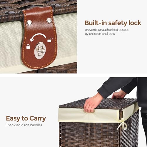 Honjourai 160L Wicker Storage Basket with Lid & Removable Liner - Brown
