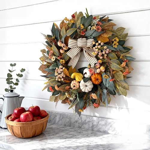 Fall Wreath for Front Door - 24 Inch Pumpkin & Eucalyptus Farmhouse Decor - Variation 09-Farmhouse