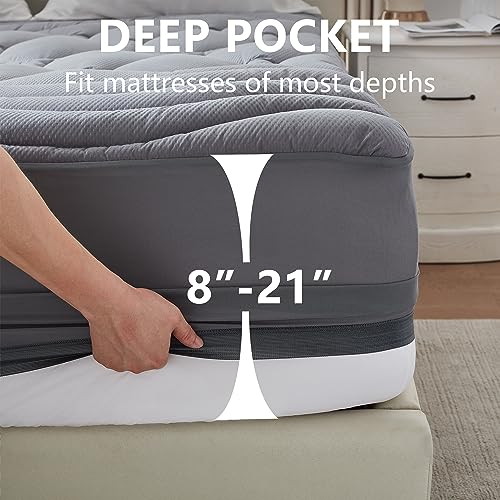 Elven Home King Size Waterproof Cooling Mattress Topper Grey 78x80 Fitted