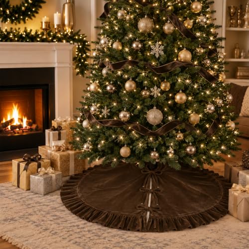Amidaky Brown Ruffled Velvet Christmas Tree Skirt 48 Inch Holiday Decoration