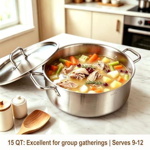 Silver Stainless Steel 15 Quart Braiser Pan with Lid - Commercial Grade, Nickel-Free