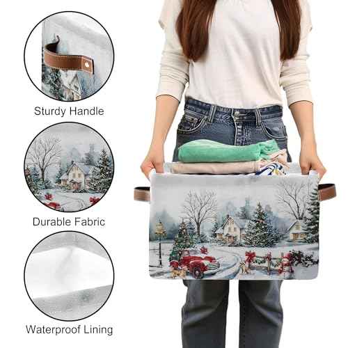 Christmas Tree Red Truck Basket - Merry Christmas Storage Bin Collapsible - Xmas Winter Snowman Snowflake Golden Retriever Dog Basket - Xmas Large Baskets for Kids Clothes, Gifts, Books, Toys