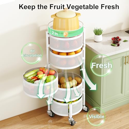 Rotating Fruit and Vegetable Basket Stand - 5 Tier Kitchen Storage, White