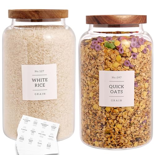 2800ml Glass Food Storage Jars Set of 2 with Airtight Acacia Lids & 132 Labels