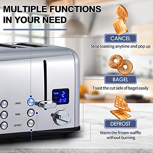 Silver Stainless Steel 4-Slice Toaster with Digital Display, Dual Control