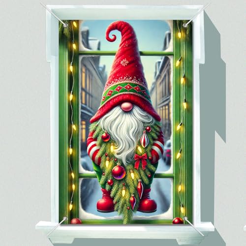 IVN Christmas Gnome Window Banner 31x47 Inch - Santa Hat, Pine Branch Holiday Decor