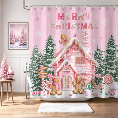 Pink Christmas Gingerbread Shower Curtain 72x72 inch Waterproof Bathroom Decor