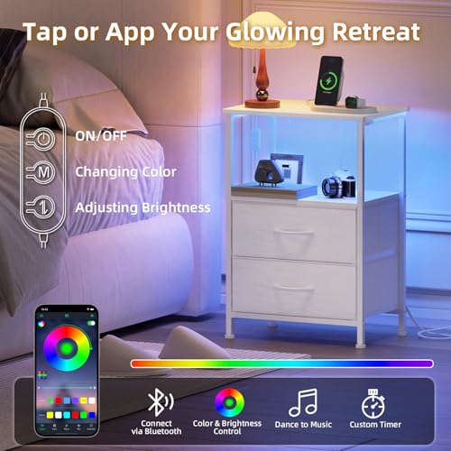Somdot White Nightstand with 2 Drawers, Charging Station & LED Light - 11.8"D x 15.7"W x 23.6"H