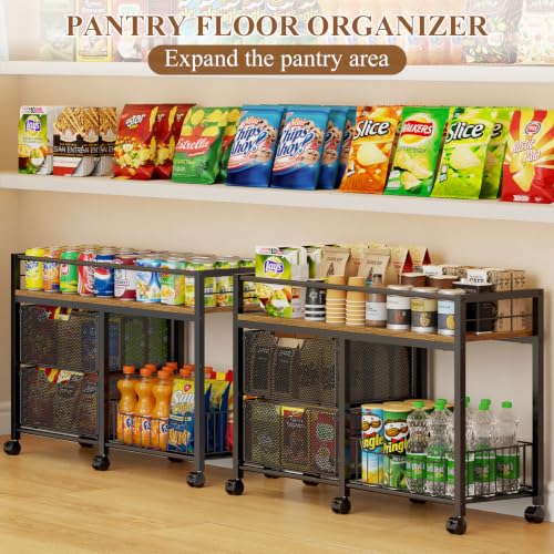 Laaoyuukee 3-Tier Rolling Snack Cart with Metal & Wooden Top for Pantry & Kitchen Storage