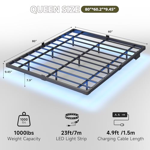 Black Queen Floating Bed Frame with Smart LED Lights & Charging Station
