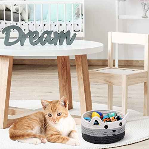 Zopeal Cat Basket Storage Woven Organizer with Ears Christmas Decorative Pet Toy Cute Cotton Rope Basket for Gift Cat Dog Toy Bin Nursery Room(8.3 x 4.7 Inch,White, Light Gray and Gray)